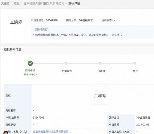 滴滴關(guān)聯(lián)公司申請(qǐng) 點(diǎn)滴籌 商標(biāo),國(guó)際分類(lèi)為金融物管